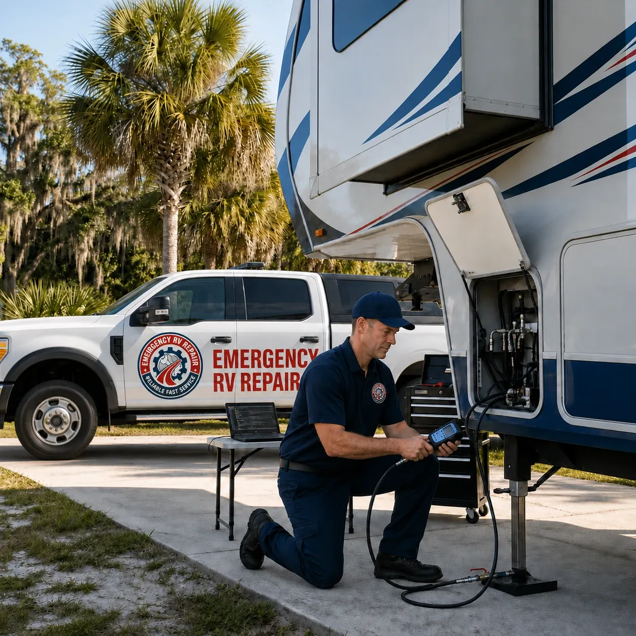 Emergency RV Repair mobile technician running on-site diagnostics beside a branded service truck